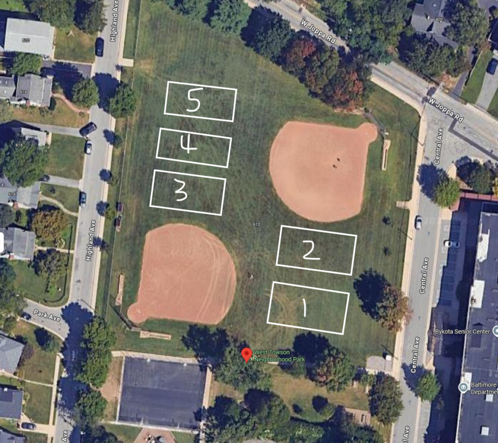 Image shows Byokta field with overlay of clinic soccer fields numbered 1 through 5